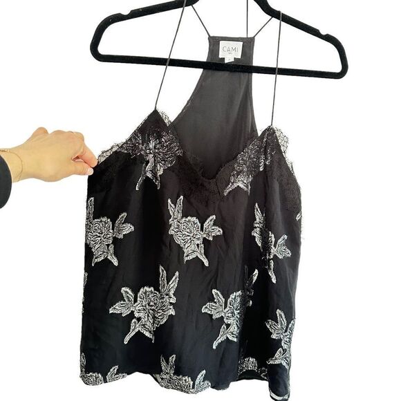 Cami NYC The Racer Black Silk Floral Lace Trim Metallic Embroidered - Picture 3 of 5